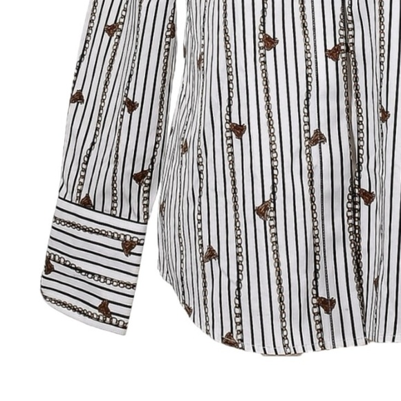 Chico’s No Iron Blouse Size XL White Chain Tassel Stripe Print Popover Top - Picture 5 of 10